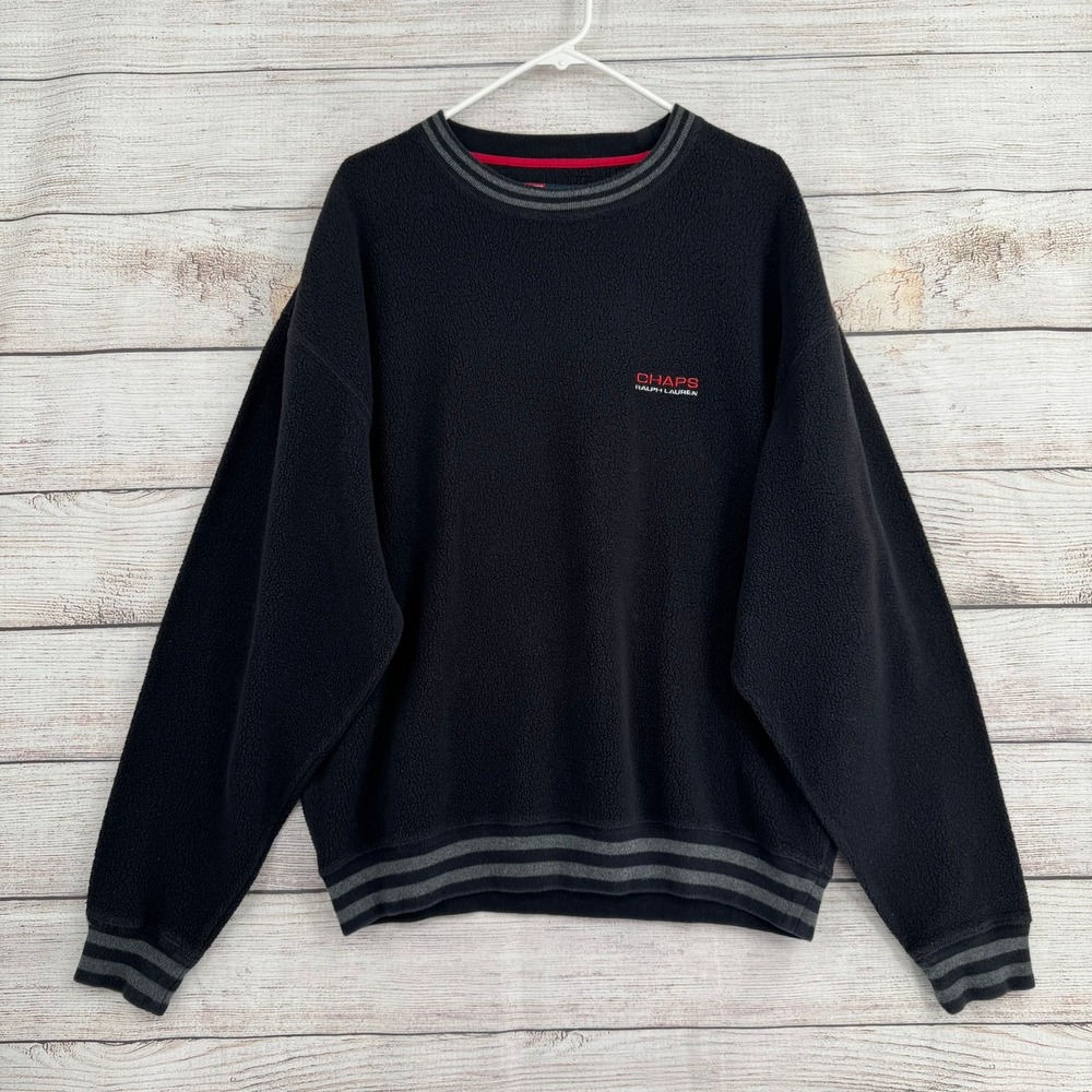 Vintage Chaps Ralph Lauren Fleece Sweatshirt Mens XL Black Striped Trim Crewneck